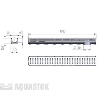 Лоток водоотводный AQUA-TOP с оцинкованной решеткой DN90 Н100 арт.1091н